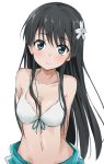  arms_behind_back bangs bare_shoulders black_hair blue_eyes breasts cleavage collarbone commentary_request eyebrows_visible_through_hair flower front-tie_bikini front-tie_top hair_between_eyes hair_flower hair_ornament head_tilt highres kohakope long_hair looking_at_viewer medium_breasts navel saten_ruiko simple_background solo to_aru_kagaku_no_railgun to_aru_majutsu_no_index very_long_hair white_background white_bikini_top white_flower 