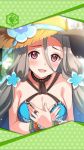  aqua_swimsuit artist_request bead_bracelet beads blush bracelet breasts cleavage flower framed_image hair_between_eyes hair_flower hair_ornament hands_on_own_chest hat highres jewelry large_breasts long_hair official_art open_mouth phantom_of_the_kill red_eyes rhongomyniad_(phantom_of_the_kill) ring silver_hair smile sun_hat swimsuit 