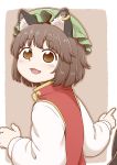  :3 animal_ear_fluff animal_ears bangs blush brown_hair cat_ears chen chinese_clothes dress earrings eyebrows_visible_through_hair green_hat hat jewelry looking_at_viewer mob_cap no_pupils piercing pointing poronegi red_dress short_hair smile tail touhou yellow_eyes 