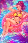 1girl abs barefoot breasts brigitte_(overwatch) brown_eyes brown_hair floating full_body innertube lips long_hair looking_at_viewer medium_breasts momo-deary navel overwatch ponytail shoulder_tattoo solo stomach swimsuit tankini tattoo thick_eyebrows toes toned twitter_username vaporwave water yellow_swimsuit zipper 