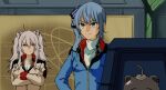  2girls ahoge amuro_ray amuro_ray_(cosplay) animal_ear_piercing animal_ears blue_eyes blue_hair blue_jacket breasts bright_noa bright_noa_(cosplay) brown_jacket char&#039;s_counterattack closed_mouth cosplay crossed_arms earth_federation grey_eyes grey_hair gundam hair_between_eyes hashtag-only_commentary hololive hoshimachi_suisei jacket large_breasts lion_ears lion_girl long_hair long_sleeves military_uniform multiple_girls parody shirt shishiro_botan side_ponytail smile spacecraft_interior split_mouth ssrb_(shishiro_botan) turtleneck turtleneck_shirt upper_body virtual_youtuber white_shirt yuuki_(yuuki333) 