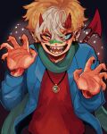  1boy absurdres alternate_costume alternate_eye_color alternate_species animification aqua_sclera bandaid bandaid_on_face bandaid_on_nose black_nails blonde_hair blue_jacket claw_pose colored_sclera commentary commission demon_boy demon_horns demon_tail dream_smp earrings english_commentary green_scarf highres horns jacket jewelry looking_at_viewer male_focus minecraft_youtube mismatched_sclera multicolored_hair necklace open_clothes open_jacket open_mouth pendant pointy_ears rahafwabas red_eyes red_shirt scar scar_across_eye scar_on_face scarf sharp_teeth shirt short_hair smile solo sparkle streaked_hair tail tail_ornament tail_ring teeth tommyinnit v-shaped_eyes white_hair yellow_sclera 
