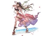  armlet ass bag bangs bare_shoulders bikini bracelet breasts brown_hair cleavage floral_print full_body granblue_fantasy halterneck handbag hat holding jewelry large_breasts lips long_hair looking_at_viewer minaba_hideo official_art parted_lips petals platform_footwear purple_bikini purple_eyes rosetta_(granblue_fantasy) sandals sarong see-through shiny smile solo standing sun_hat swimsuit thigh_strap transparent_background very_long_hair water 