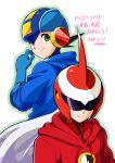  black_hair blue_gloves blues_exe closed_mouth gloves green_eyes helmet herickka_(may5times5th) hood hoodie long_hair looking_back male_focus multiple_boys netnavi rockman rockman_exe rockman_exe_(character) smile sunglasses white_background white_hair 