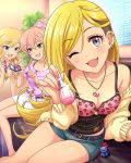  belt blonde_hair blue_eyes bracelet denim denim_shorts earrings fujimoto_rina grey_eyes idolmaster idolmaster_cinderella_girls jewelry jougasaki_mika long_hair long_legs multiple_girls nail_polish necklace official_art one_eye_closed ootsuki_yui pink_hair pink_nails shorts stuffed_animal stuffed_toy yellow_eyes 