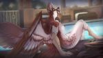  2018 anthro avian beak bird breasts brown_beak brown_feathers conditional_dnp detailed_background digital_media_(artwork) feathered_wings feathers female kwaza_(ozawk) non-mammal_breasts nude osprey scappo sitting smile solo wings yellow_eyes 