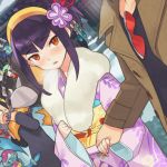  1girl akatsuki_shidou bangs black_hair blunt_bangs blush brown_eyes brown_hair corvus eyebrows_visible_through_hair hair_ornament hairband hoshikawa_subaru_(rockman) jack_(ryuusei_no_rockman) japanese_clothes kimono kin_niku long_hair obi out_of_frame purple_hair queen_tia rockman ryuusei_no_rockman ryuusei_no_rockman_3 sash sidelocks smile snow solo_focus virgo_(rockman) wide_sleeves winter 