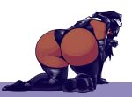  1girl all_fours ass bare_shoulders bent_over bleach cdlum dark-skinned_female dark_skin highres looking_at_viewer shihouin_yoruichi simple_background solo 