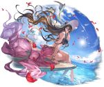  ass bangs bare_legs bare_shoulders barefoot bikini bird bracelet breasts brown_hair closed_mouth cloud cloudy_sky crossed_legs day floral_print granblue_fantasy hat jewelry large_breasts lips long_hair long_legs looking_at_viewer looking_back minaba_hideo ocean official_art outdoors palm_tree petals purple_bikini purple_eyes rosetta_(granblue_fantasy) sarong seagull see-through sitting sky solo sun sun_hat sunlight swimsuit transparent_background tree very_long_hair water 