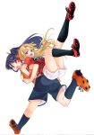  blonde_hair blue_eyes blue_hair blue_shorts brown_eyes cleats colored_pencil_(medium) commentary_request graphite_(medium) hair_ribbon highres j._league jersey malino_(dream_maker) multiple_girls omiya_ardija open_mouth orange_ribbon original red_ribbon ribbon shorts soccer_uniform socks sportswear traditional_media urawa_red_diamonds white_background white_shorts 