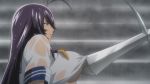  00s 1girl animated animated_gif assisted_exposure blue_eyes bouncing_breasts breasts dark_skin ikkitousen kan&#039;u_unchou large_breasts long_hair nipples polearm purple_hair rain spear undressing upper_body weapon wet 