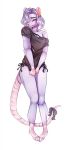  2018 anthro barefoot blush bottomless clothed clothing covering covering_self digital_media_(artwork) eyes_closed female kristiana_puff mammal off_shoulder pigeon_toed rat ribbons rodent simple_background smile solo standing tail_bow tail_ribbon 