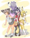  5girls animal_ear_fluff animal_ears annoyed arched_back arms_up ascot ass back-to-back bangs bare_arms bare_legs between_legs black_gloves black_hair black_legwear black_skirt blonde_hair blush brown_eyes brown_footwear carrying closed_mouth commentary_request common_raccoon_(kemono_friends) dark_skin elbow_gloves extra_ears eyebrows_visible_through_hair fennec_(kemono_friends) fossa_(kemono_friends) fossa_ears fossa_tail fox_ears fox_tail frills full_body fur-trimmed_footwear fur_collar fur_trim gloves grey_footwear grey_hair hair_between_eyes hand_up high-waist_skirt highres kaban_(kemono_friends) kemono_friends leaning_forward looking_at_another looking_back miniskirt multicolored_hair multiple_girls no_headwear no_nose nose_blush open_mouth outstretched_arm outstretched_arms pantyhose pantyhose_under_shorts pantylines pink_sweater print_gloves print_legwear print_skirt raccoon_ears raccoon_tail red_neckwear red_shirt serval_(kemono_friends) serval_ears serval_print serval_tail shirt shoes short_hair short_sleeves shorts shoulder_carry silver_hair skirt sleeveless sleeveless_shirt smile socks striped_tail sweater tail tail_between_legs thighhighs tsurime uho_(uhoyoshi-o) wavy_mouth white_footwear white_legwear white_skirt yellow_eyes yellow_legwear zettai_ryouiki 