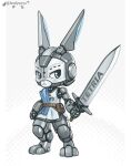 2024 anthro arm_tattoo belt belt_pouch blue_eyes chibi clothing digital_drawing_(artwork) digital_media_(artwork) full-length_portrait holding_melee_weapon holding_object holding_sword holding_weapon justice_(miwauturu) lagomorph leporid looking_aside looking_at_viewer lordyanyu machine male mammal melee_weapon paladin portrait pose rabbit robot robot_anthro sash serious_face signature simple_background solo standing sword tabard tabard_only tattoo warrior weapon white_background