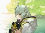  1boy commentary_request fire_emblem fire_emblem_heroes foliage green_hair holding holding_stone_tablet hood hood_down looking_at_viewer maeshima_shigeki male_focus official_art rune_(fire_emblem) solo stone_tablet upper_body yellow_eyes 