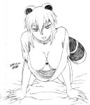  all_fours animal_ears araiguma-san areolae blank_stare blanket breasts cleavage collarbone commentary_request dated downblouse extended_downblouse eyebrows_visible_through_hair jitome large_breasts line_shading looking_at_viewer loose_clothes loose_shirt original pubic_hair raccoon_ears raccoon_tail shirt short_hair short_sleeves sidelocks sketch solo tail tongue tongue_out tsukudani_(coke-buta) 