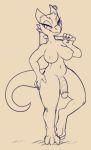  2018 3_toes 4_fingers anthro areola atrolux big_breasts breasts claws dickgirl eyelashes furgonomics furry-specific_piercing half-closed_eyes half-erect hammer hand_on_hip holding_object holding_weapon horn horn_piercing intersex kobold melee_weapon navel nipples nude on_one_leg penis piercing pinup pose reptile scales scalie sketch smile solo standing thick_thighs toe_claws toes tools weapon 