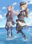 2girls :d :q antenna_hair azur_lane bangs black_dress black_gloves black_hat black_legwear black_shirt black_skirt blonde_hair blue_sky blush breasts buttons cloud cloudy_sky commentary crossover dress floating_hair garter_straps gloves green_eyes grey_footwear hair_ornament hands_up hat highres horizon kantai_collection leg_up long_hair long_sleeves looking_at_viewer low_twintails medium_breasts military_hat miniskirt multicolored_hair multiple_girls namesake ocean open_mouth outdoors peaked_cap pleated_skirt prinz_eugen_(azur_lane) prinz_eugen_(kantai_collection) red_hair scarlet_dango shirt shoes sideboob sidelocks silver_hair skirt sky sleeves_past_wrists smile standing standing_on_one_leg streaked_hair thighhighs tongue tongue_out twintails two_side_up water yellow_eyes 