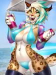  2018 5_fingers anthro big_breasts bikini blonde_hair breasts cleavage clothed clothing feline female green_eyes hair holding_object legwear looking_at_viewer lynx mammal mr._mist navel navel_piercing nipple_bulge open_mouth outside piercing sea sharp_teeth short_hair smile solo standing swimsuit teeth thigh_highs thin_waist thong tongue water 