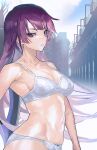  1girl armpit_crease bra breasts closed_mouth collarbone commentary cowboy_shot lace-trimmed_bra lace-trimmed_panties lace_trim large_breasts lingerie long_hair looking_at_viewer maeshima_shigeki monogatari_(series) navel outdoors panties purple_eyes purple_hair senjougahara_hitagi solo underwear underwear_only very_long_hair white_bra white_panties 