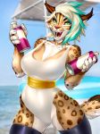  2018 5_fingers anthro big_breasts blonde_hair breasts cleavage clothed clothing feline female green_eyes hair holding_object legwear looking_at_viewer lynx mammal mr._mist one-piece_swimsuit open_mouth outside sea sharp_teeth short_hair smile solo standing swimsuit teeth thigh_highs thin_waist tongue water 