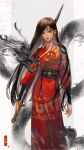  1girl black_dragon black_hair chinese_clothes cowboy_shot dragon dress eastern_dragon fa_mulan_(disney) grey_eyes hanfu highres holding holding_sword holding_weapon long_hair mulan pleated_dress qfc-kiyoi red_hanfu sash solo sword weapon yesa_robe 
