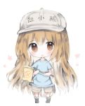  :d bangs black_footwear blue_shirt blush boots brown_eyes brown_shorts character_name chibi cottontailtokki eyebrows_visible_through_hair flag flat_cap full_body grey_hat hair_between_eyes hat hataraku_saibou highres holding holding_flag light_brown_hair long_hair looking_at_viewer open_mouth platelet_(hataraku_saibou) shirt short_shorts short_sleeves shorts smile solo standing very_long_hair white_background 