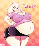  anthro belly big_belly big_breasts boss_monster breasts caprine cleavage clothed clothing don_ko female goat mammal miniskirt navel nipple_bulge pregnant shirt skirt solo toriel undertale video_games 