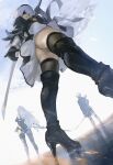  1boy 2b_(nier:automata) 2girls 9s_(nier:automata) a2_(nier:automata) ass blindfold boots breasts closed_mouth commentary_request dress dutch_angle feather_trim from_behind full_body gloves hairband high_heel_boots high_heels highres holding holding_sword holding_weapon joints katana lips long_hair long_sleeves looking_down maeshima_shigeki medium_breasts multiple_girls nier:automata nier_(series) panties puffy_sleeves robot_joints short_dress short_hair shorts sword thigh_boots thighhighs thighs underwear weapon white_hair 