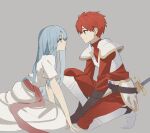  1boy 1girl adol_christin ancient_ys_vanished armor belt blue_hair brown_gloves closed_mouth dress eye_contact faulds feena_(ys) george_man gloves grey_background grey_eyes highres long_hair looking_at_another on_one_knee pauldrons red_hair red_sash sash sheath sheathed short_hair shoulder_armor simple_background sitting smile sword weapon white_dress ys 