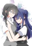  2girls absurdres asanagi_yori black_dress black_hair blue_bow blue_bowtie blue_eyes blue_hair blush bow bowtie collared_shirt commentary_request dress enshu_suruga grey_sweater_vest hair_between_eyes highres hug izumi_shiho long_hair multiple_girls one_side_up pinafore_dress puffy_short_sleeves puffy_sleeves purple_eyes sasayaku_you_ni_koi_wo_utau school_uniform shirt short_sleeves sidelocks sleeveless sleeveless_dress sweatdrop sweater_vest white_shirt yuri 