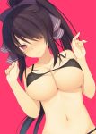  @_@ aotsu_karin arms_up bangs black_hair black_swimsuit blush breasts cleavage collarbone commentary_request fingernails hair_over_one_eye hair_ribbon high_ponytail large_breasts long_hair looking_at_viewer md5_mismatch navel nose_blush original ponytail red_background red_eyes ribbon sidelocks simple_background sweatdrop swimsuit upper_body very_long_hair wavy_mouth 