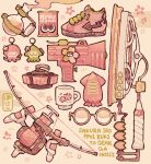  absurdres bow_(weapon) charm_(object) cherry_blossom_print commentary cup curling_bomb_(splatoon) floral_print glasses high_tops highres mug no_humans object_focus p0m4_p0m4 pink-framed_eyewear pink_background pink_footwear pink_theme print_mug round_eyewear shoes sneakers splatana_wiper_(splatoon) splatoon_(series) splatoon_3 splattershot_jr._(splatoon) still_life toxic_mist_(splatoon) tri-stringer_(splatoon) weapon weapon_focus 