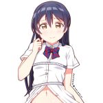  bangs blue_hair blush bust_measuring commentary_request embarrassed hair_between_eyes long_hair looking_at_viewer love_live! love_live!_school_idol_project measuring navel simple_background skull573 solo sonoda_umi tape_measure upper_body white_background yellow_eyes 