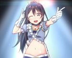  ;d arms_up bangs blue_hair blush commentary_request gloves hair_between_eyes jewelry long_hair looking_at_viewer love_live! love_live!_school_idol_project midriff music_s.t.a.r.t!! navel necklace one_eye_closed open_mouth simple_background skull573 smile solo sonoda_umi tiara yellow_eyes 