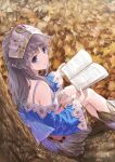  1girl absurdres arched_crown atelier_(series) atelier_totori autumn autumn_leaves bare_shoulders blue_eyes book grey_hair highres holding holding_book kishida_mel leaf long_hair looking_at_viewer nature official_art open_book outdoors sitting skirt smile solo totooria_helmold tree 