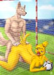  2018 all_fours anthro avian ball beak bird blonde_hair blue_eyes breasts canine chicken digital_media_(artwork) doggystyle duo ettie eyewear feathers female fifa from_behind_position fur goalie goggles hair male mammal mascot mina-the-pie net nipples nude open_mouth penis pussy sex smile soccer soccer_ball soccer_field sport tongue wolf yellow_feathers young zabivaka 