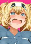  blonde_hair blue_eyes blue_shirt blush breast_pocket breasts collared_shirt commentary crying crying_with_eyes_open gambier_bay_(kantai_collection) hair_between_eyes hairband highres kantai_collection large_breasts open_mouth pocket shino_(ponjiyuusu) shirt tears twintails 