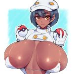  1girl aether_foundation aether_foundation_employee areola_slip areolae bikini_top blue_hair breasts dark-skinned_female dark_skin eyebrows eyebrows_visible_through_hair female gloves hat huge_breasts poke_ball pokemon pokemon_(game) shiny shiny_skin short_hair simple_background smile solo thick_eyebrows tokyokyoto upper_body yellow_eyes 