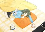  absurdres alarm_clock bed black_shorts blue_bow blue_shirt blush_stickers bow cellphone clock closed_eyes grey_hair highres long_sleeves lying messy_hair on_stomach original pajamas parted_lips phone pillow sako_(user_ndpz5754) shirt short_hair shorts sleeping smartphone solid_circle_eyes solo stuffed_animal stuffed_bunny stuffed_toy under_covers 