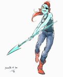  anthro blue_skin boots clothing date eye_patch eyewear female fish footwear hair jeans long_hair marine melee_weapon pants polearm ponytail red_hair sharp_teeth shirt simple_background sketch solo spear tank_top teeth undertale undyne video_games weapon white_background yellow_eyes 