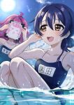  >_< 2girls absurdres ahoge alternate_hairstyle bare_arms blue_hair blunt_ends blush brown_eyes cloud collarbone commentary_request covering_face day hair_between_eyes highres holding holding_board in-franchise_crossover kishimen_hair kyaku_tasu long_hair love_live! love_live!_nijigasaki_high_school_idol_club love_live!_school_idol_project medium_hair multiple_girls name_tag one-piece_swimsuit open_mouth outdoors partially_submerged pink_hair rina-chan_board school_swimsuit sitting sky smile sonoda_umi sun swimsuit tennoji_rina water wet 