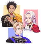  blonde_hair blue_eyes cape claude_von_regan_(fire_emblem) cravat dimitri_alexandre_bladud_(fire_emblem) edelgard_von_hresvelgr_(fire_emblem) fire_emblem fire_emblem:_fuukasetsugetsu gloves hair_ornament highres long_hair looking_at_viewer multiple_boys short_hair simple_background smile soteikat uniform 