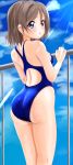  ass bare_shoulders blue_eyes blue_sky blue_swimsuit breasts cloud competition_swimsuit day feet_out_of_frame grey_hair highleg highleg_swimsuit love_live! love_live!_sunshine!! one-piece_swimsuit outdoors pix_mloof railing short_hair sky solo standing swimsuit watanabe_you wavy_hair 