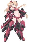  armor blonde_hair breasts clenched_hands closed_mouth commentary_request densou_tenshi_valforce eyebrows_visible_through_hair full_body green_eyes groin highres karukan_(monjya) long_hair looking_at_viewer mecha_musume midriff misawa_elena navel open_fly red_footwear red_shorts short_shorts shorts simple_background small_breasts solo standing two_side_up unbuttoned white_background 
