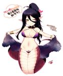  ;) armlet bare_shoulders black_hair bra bracelet breasts closed_mouth fang fang_out heart jewelry konshin lamia large_breasts long_hair looking_at_viewer monster_girl navel one_eye_closed original panties pointy_ears ponytail purple_hair smile solo underwear white_background yellow_eyes 