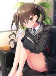  1girl :o bangs bare_legs barefoot black_jacket blurry blurry_background blush brown_eyes brown_hair collared_shirt commentary_request depth_of_field diagonal-striped_neckwear diagonal_stripes eyebrows_visible_through_hair feet_out_of_frame green_neckwear grey_skirt hair_between_eyes idolmaster idolmaster_cinderella_girls indoors jacket knees_up long_hair long_sleeves matokechi mole mole_under_eye necktie parted_lips pleated_skirt sharp_teeth shirt sitting skirt sleeves_past_wrists solo striped striped_neckwear sunazuka_akira surgical_mask teeth twintails v-shaped_eyebrows white_shirt 
