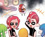  4girls asymmetrical_clothes biku_(ss8km) biting blonde_hair blue_hair green_hair inkling jealous mohawk multiple_girls octarian octoling octotrooper purple_eyes red_hair short_hair splatoon_(series) splatoon_2 splatoon_2:_octo_expansion tentacle_hair yellow_sclera zoom_layer 