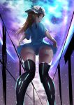  10s 1girl 2018 ass backboob black_legwear breasts brown_hair cloud dated dress female from_behind from_below hat hataraku_saibou long_hair looking_at_viewer looking_back night open_mouth openmouth panties platelet_(hataraku_saibou) short_sleeves sky solo standing stars thighhighs underwear white_hat xiaochentan 