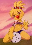  anthro avian bird blue_eyes breasts chicken clothed clothing clothing_lift ettie feathers female fifa merunyaa nipples open_mouth shirt shirt_lift solo tongue yellow_feathers 